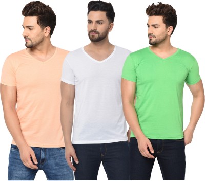 Jaskart Solid Men V Neck White, Pink, Light Green T-Shirt