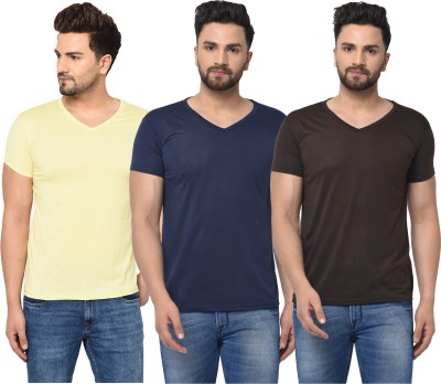 Jangoboy Solid Men V Neck Dark Blue, Brown, Yellow T-Shirt