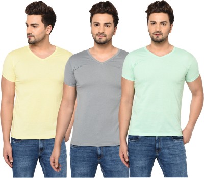 Bribzy Solid Men V Neck Grey, Light Green, Yellow T-Shirt