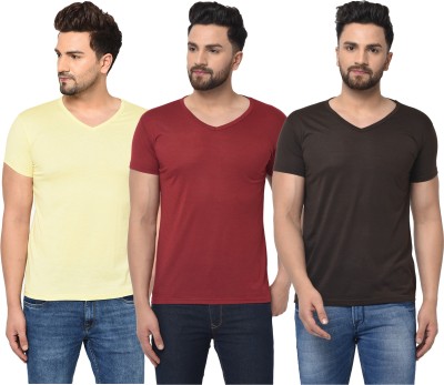 Bribzy Solid Men V Neck Maroon, Brown, Yellow T-Shirt