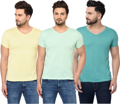 Tivy Solid Men V Neck Dark Green, Light Green, Yellow T-Shirt