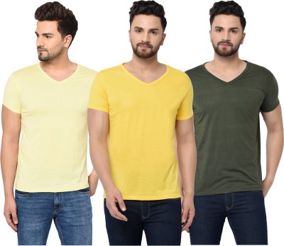 Unite Wear Solid Men V Neck Dark Green, Yellow T-Shirt