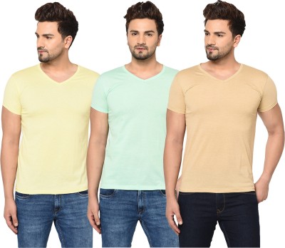 Tivy Solid Men V Neck Beige, Light Green, Yellow T-Shirt