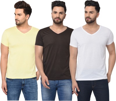 Tivy Solid Men V Neck White, Brown, Yellow T-Shirt