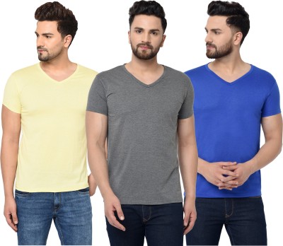 Tivy Solid Men V Neck Blue, Grey, Yellow T-Shirt