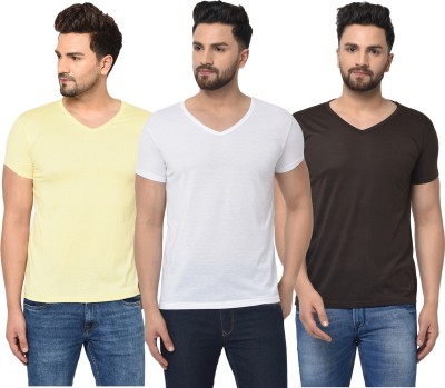 Tivy Solid Men V Neck White, Brown, Yellow T-Shirt