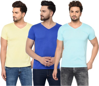 Jangoboy Solid Men V Neck Light Blue, Blue, Yellow T-Shirt