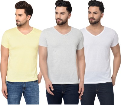 Tivy Solid Men V Neck White, Grey, Yellow T-Shirt