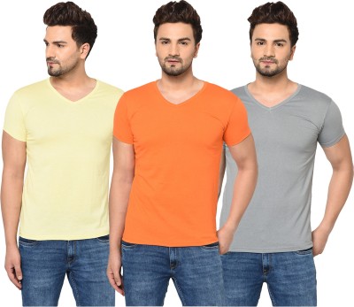 Tivy Solid Men V Neck Orange, Grey, Yellow T-Shirt