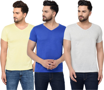 Jangoboy Solid Men V Neck White, Blue, Yellow T-Shirt