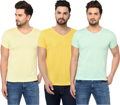 Jaskart Solid Men V Neck Yellow, Light Green T-Shirt