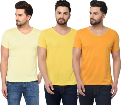 Tivy Solid Men V Neck Yellow T-Shirt