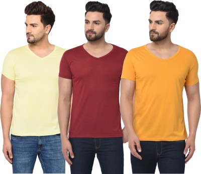 Bribzy Solid Men V Neck Maroon, Yellow T-Shirt