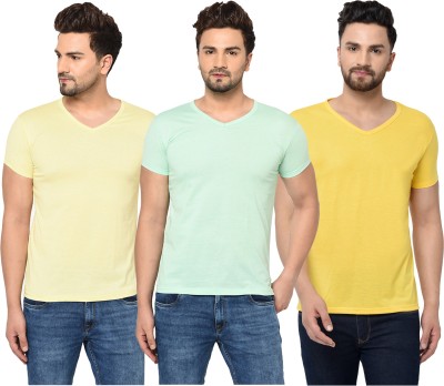 Bribzy Solid Men V Neck Yellow, Light Green T-Shirt