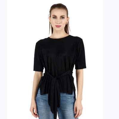 POPWINGS Casual Short Sleeve Striped Women Black Top