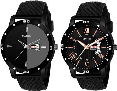 MATRIX Pair Of 2 Black Analog Day & Date Silicon Mesh Strap Day & Date Functioning Analog Watch  - For Men