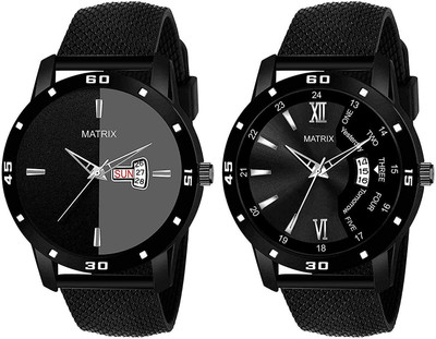 MATRIX Pair Of 2 Black Analog Day & Date Silicon Mesh Strap Day & Date Functioning Analog Watch  - For Men
