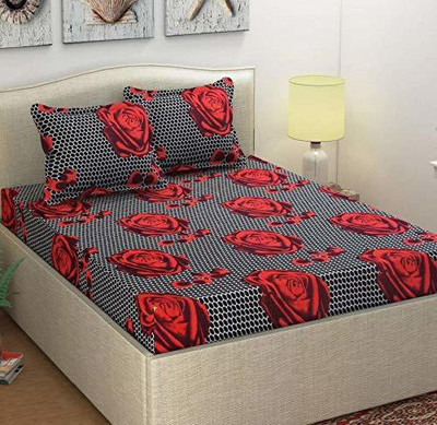 H18 SHEET 160 TC Microfiber Double Printed Flat Bedsheet(Pack of 1, Grey, Red)