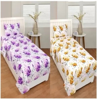 Home Readiness 140 TC Polycotton Single Floral Flat Bedsheet(Pack of 2, White)