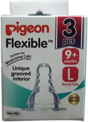 Pigeon Flexible peristaltic round hole nipple size L 9monthes + slim neck Fast Flow Nipple(Pack of 3 Nipples)