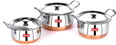 Nirvika 3pc Handi Set 3 pcs handi set with lid & handle stainless steel copper bottom 3 piece handi cookware set induction friendly Cook and serve 3 piece Gift set (Material: Stainless Steel, copper) (Size: 1.5 L, 1 L, 0.75 L) (With Lid and Handle) copper) Handi 1.5 L, 1 L, 0.75 L with Lid (Stainles