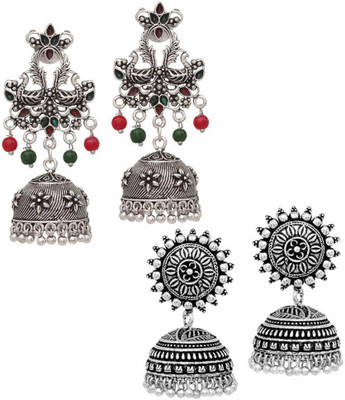V L IMPEX Love Peacock Sun Shape Top Oxidized Silver With Meena Work Combo Earring For Women (VLCB26MG) Brass Jhumki Earring