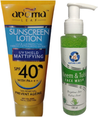 Aroma leafs SUN SCREN LOTION SPF 40 WITH NEEM & TULSI FACE WASH(2 Items in the set)