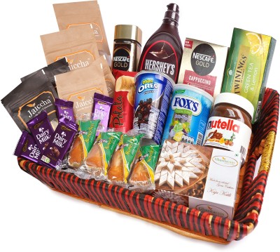 Jaiccha Big Red Basket Hamper of 30 Goodies Combo(Mewa Bites (100 gms)-Chocolate Coated Almonds (100 gms)-Coin Biscuits (100 gms)-Butter Chakli Sticks (100 gms)-Cashews (100 gms)- Almonds (100 gms)-Cadbury Dairy Milk -5 units (65 gms)-Honeybell Mawa Cakes- 10 units- (250 gms)-Nescafe Gold (100 gms)-