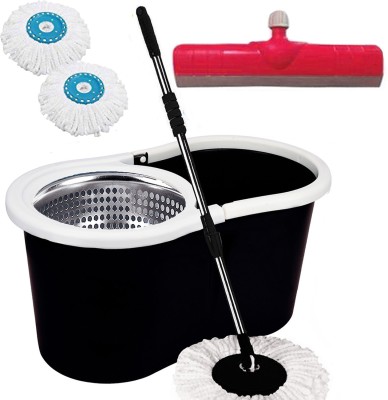 V-MOP Classic Steel Magic Dry Bucket Mop - 360 Degree Self Spin Wringing With 2 Super Absorbers with 1 Floor Wiper for Home & Office Floor Cleaning Mop Set BB2 Mop Set