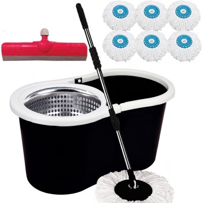 V-MOP Classic Steel Magic Dry Bucket Mop - 360 Degree Self Spin Wringing With 6 Super Absorbers with 1 Floor Wiper for Home & Office Floor Cleaning Mop Set BB6 Mop Set