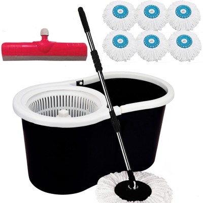 V-MOP Classic Black Plastic Magic Dry Bucket Mop - 360 Degree Self Spin Wringing With 6 Super Absorbers with 1 Floor Wiper for Home & Office Floor Cleaning Mop Set BB6 Mop Set