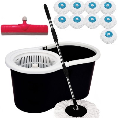 V-MOP Classic Black Plastic Magic Dry Bucket Mop - 360 Degree Self Spin Wringing With 9 Super Absorbers with 1 Floor Wiper for Home & Office Floor Cleaning Mop Set BB9 Mop Set