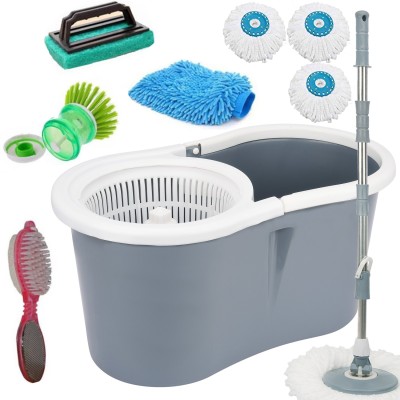V-MOP Grey Plastic Magic Dry Bucket Mop - 360 Degree Self Spin Wringing With 3 Super Absorbers, 1 Pedi Cleaner , 1 Tile Brush, 1 Liquid Brush, 1 Glove for Home & Office Floor Mop Set, Mop, Glove, Cleaning Wipe