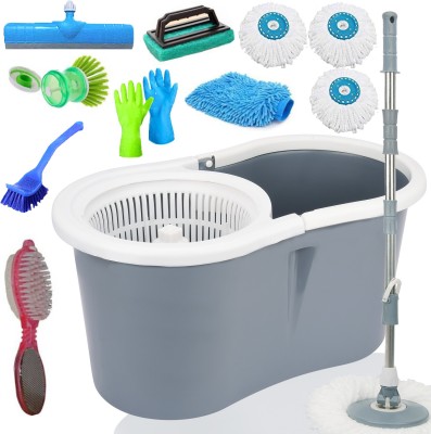 V-MOP Grey Plastic Magic Dry Bucket Mop - 360 Degree Self Spin Wringing With 3 Super Absorbers + 7 Different Accessories for Home & Office Floor Mop Set, Mop, Glove, Cleaning Wipe