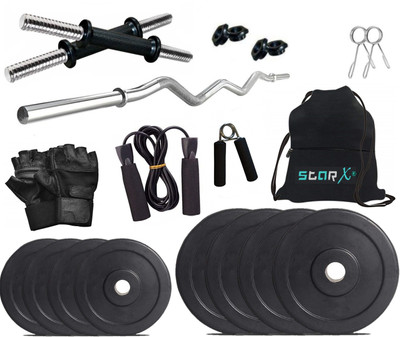 STARX 16 kg Pure Rubber weight Plates with 3ft Curl Rod and Accessories Home Gym Combo