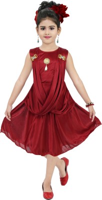 Chandrika Girls Midi/Knee Length Casual Dress(Maroon, Sleeveless)