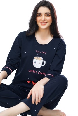 ZEYO Women Printed Blue Top & Pyjama Set