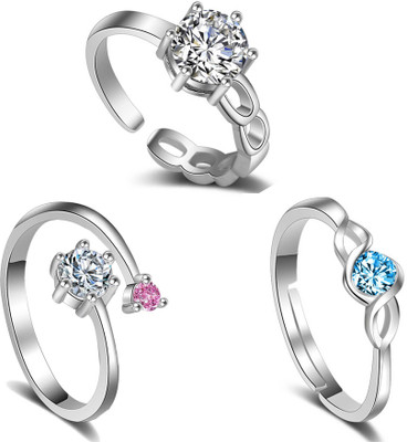 Om Jewells Solitaire Design inspired Finger Ring combo Alloy Cubic Zirconia Rhodium Plated Ring Set
