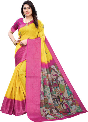 Samah Printed Kanjivaram Cotton Silk Saree(Yellow)