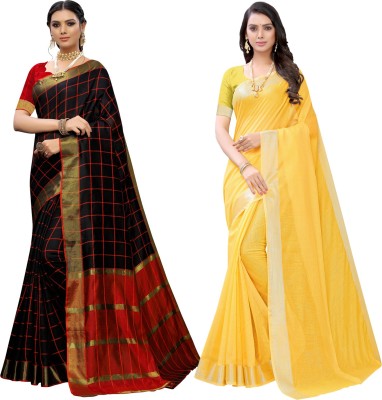 SAARA Woven, Striped, Embellished Banarasi Cotton Silk Saree(Pack of 2, Black, Yellow)