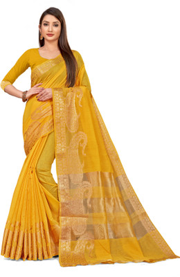 Leeza Store Self Design, Solid/Plain Mysore Cotton Linen Saree(Mustard)