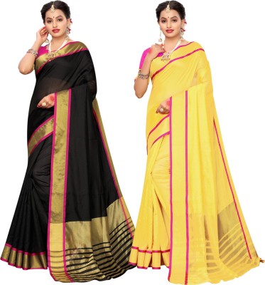 SAARA Woven, Striped, Embellished Banarasi Cotton Silk Saree(Pack of 2, Black, Yellow)