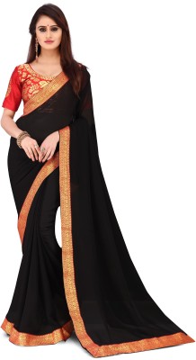 Anand Solid/Plain Bollywood Chiffon Saree(Black)