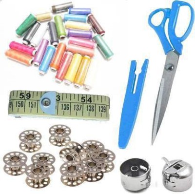 Crafts Haveli Tailoring Essential 5 Items Kit -10 Thread spool, Scissor Measuring Tape, 5 Bobbin and Case Sewing Kit