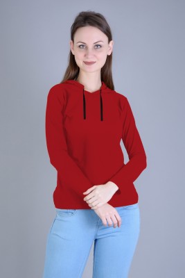 vastravog Solid Women Hooded Neck Red T-Shirt