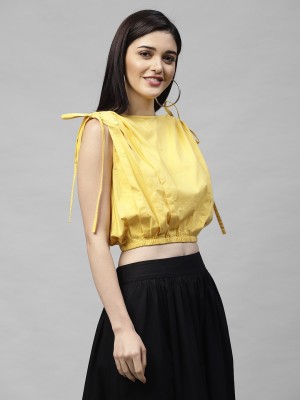 ATHENA Casual Sleeveless Solid Women Yellow Top