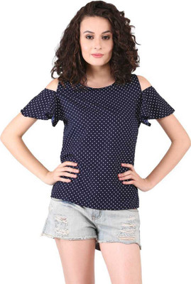 ADDICTED ATTIRE Casual Short Sleeve Printed Women Blue Top