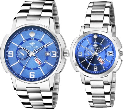 EDDY HAGER EH-501-BL Stainless Steel Strap Day and Date Functioning Blue Dial Quartz Wedding Gift/Anniversary Gift/Couple Gift Analog Watch  - For Couple