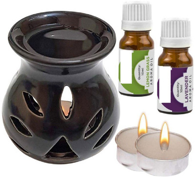 Bright Shop Lemongrass, Lavender Diffuser Set, Diffuser, Aroma Oil Black Ceramic Aroma T-light Diffuser| Camphor Diffuser| Oil Burner Diffuser Set With 2 Oil (Lemongrass & Lavender) 10 ML Each & 2 Candle For Home Fragrance.(5 x 1) Bright Shop Lemongrass, Lavender Diffuser Set, Diffuser, Aroma Oil Black Ceramic Aroma T-light Diffuser| Camphor Diffuser| Oil Burner Diffuser Set With 2 Oil (Lemongrass & Lavender) 10 ML Each & 2 Candle For Home Fragrance.(5 x 1)