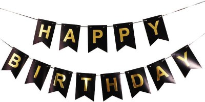 Hippity Hop Black Happy Birthday Banner with Shimmering Gold Letters, Happy Birthday Bunting Banner for Party Decorations, Swallowtail Flag Happy Birthday Sign Banner(18 Feet, Pack of 1)